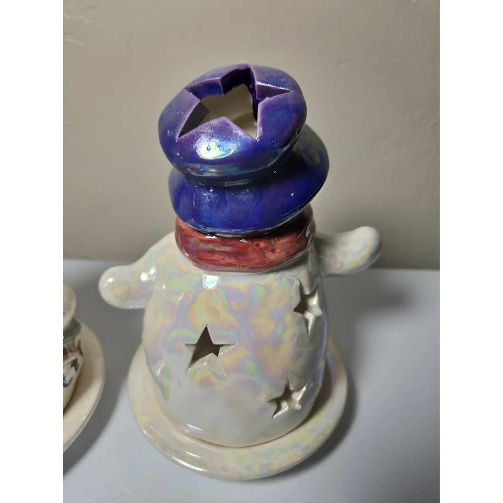 Vintage Ceramic Snowman Tealight Candle Holder Lot of 3 Christmas Holiday Decor